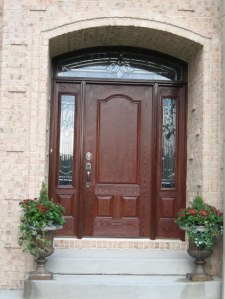 Custom Home Exterior Entrance, Hand-Carved Front Door, Cut-Glass Panels; Indianapolis, Indiana