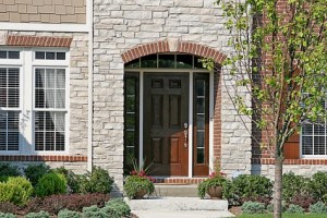 Custom Home Exterior Entrance, Hand-Carved Front Door, Cut-Glass Panels; Indianapolis, Indiana