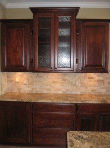 Custom Home Kitchen: Custom Wood Cabinets w/ Textured Glass Panel Inserts, Mosaic Tile Backsplash, Granite Countertops, Indianapolis, Indiana