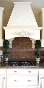 Custom Home Kitchen, Granite Counters, Faux-Brick Backsplash, Built-in Stovetop, Custom Range Hood; Carmel, Indiana, Madison Custom Homes, Inc.