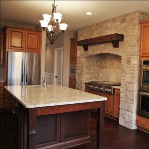 Custom Home Kitchen: Custom Wood Cabinets w/ Textured Glass Panel Inserts, Mosaic Tile Backsplash, Granite Countertops, Indianapolis, Indiana