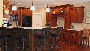 Breakfast Bar, Open Kitchen, Matching Black Bar Stools &, Kitchen Appliances, Matching Stained Wood Cabinets & Floor