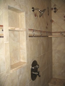 Master Bathroom: Marble-Tiled Walk-In Shower Stall, Rain Shower Head, Built-In Shelves / Bench; Custom Luxury Homes Built, Indianapolis, Indiana, Madison Custom Homes, Inc.