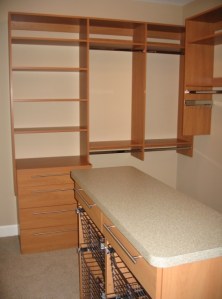 Master Bedroom Walk-In Closet: Custom-Built Wood Shelving, Dressing Room Counter, Custom Luxury Homes, Indianapolis, Indiana