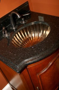 Custom Luxury Home Bathroom, Glass Sink, Black Marble Counter, Antique Brass Fixtures, Indianapolis, Madison Custom Homes Inc.