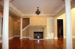 Custom Home Great Room, Chandelier, Recessed Lighting, Built-in Bookcase / Wall Alcove, Custom-Designed Fireplace, Indianapolis, Central Indiana