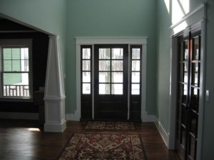 Custom Home Foyer / Entryway, Pane Glass Door, Hardwood Floor, Column Accents, Indianapolis, Central Indiana, Madison Custom Homes Inc.