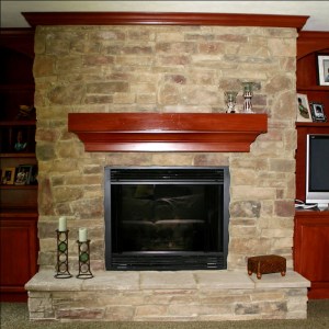 Cut Stone Fireplace, Custom-Built Cherry Wood Bookcases / Wall Unit, Lighted Ceiling Fan, Custom Luxury Home, Family Room, Indianapolis, Indiana, Madison Custom Homes Inc.