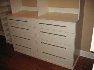 Master Bedroom Walk-In Closet Close-Up: Custom-Built Wood Shelving, Dressing Room Counter, Custom Luxury Homes, Indianapolis, Indiana